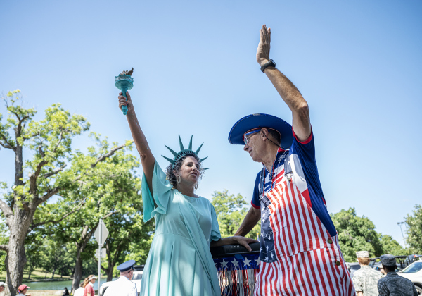 Cheryl Brinkmeyer, as Lady Liberty, was joined by Scott Strance as they joined others during the Sertoma Club’s Hometown Parade through San Gabriel Park during the Sertoma Club 4th of July celebration on Saturday, July 4, 2026.   Photo by Andy Sharp