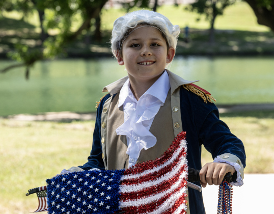 9-year-old Ari Chavez was dressed as George Washington for  the Sertoma Club’s Hometown Parade through San Gabriel Park during the Sertoma Club 4th of July celebration on Saturday, July 4, 2026.   Photo by Andy Sharp