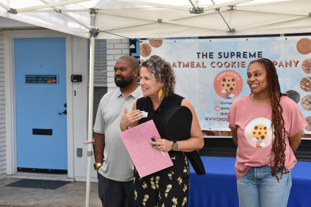 Cheryl Brinkmeyer, center, with the Georgetown Chamber of Commerce introduces Sarah Davis and Qudduws Ware.  Photos by Alyssa Perera