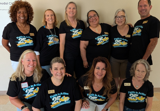  Faith and Action Staff poses at their appreciation lunch on July 20. Back row, from left, are Robin Stewart (Finance Administrative Assistant), Donna Hoffmann (Pathways Driver), Tracy Barber (Program Director), Sharon Boyd (Program Coordinator), Becky Lanclos (Assistant Program Director) and Trevor Hoyle (Fleet Manager). Front Row, from left, are Kristy Hoyle (Board Member), Marcie Merritt (Partnerships & Events Coordinator), Lisa Hoy (Executive Director) and Janna Elliott (Director of Business Operations)