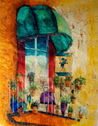 This wax resist painting from Patricia Nichols is one of many techniques represented in her and Jim Roseberry’s exhibit.