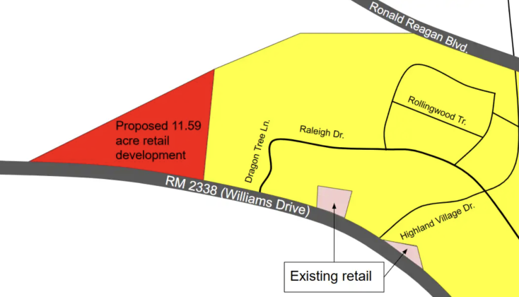 About 11.5 acres (red) could be annexed into the city and switched to C3 commercial zoning along Williams Drive. Highland Village (yellow) is residential single-family zoning, although a small area next Dragon Tree Lane could see commercial uses in the future because of the subdivision’s Planned Unit Development plan. Two existing C3 retail properties are also on the north side of Williams.