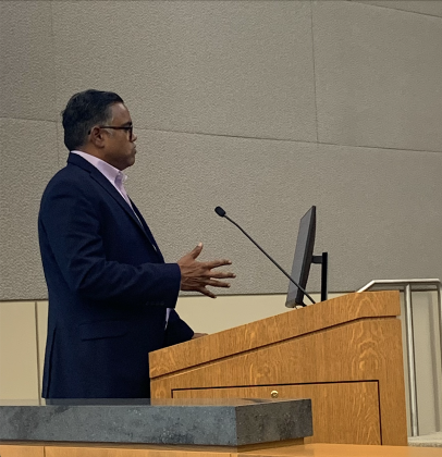 Daniel Bethapudi, general manager for the electric utility, speaks to Georgetown City Council during its workshop on July 14 about rate changes for Very Large Commercial and Industrial customers. (Photo by Kaitlyn Wilkes)