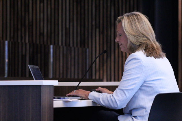 Williamson County Budget Officer Ashlie Holladay presents the county’s Fiscal Year 2027 Budget to the Commissioners on Tuesday, August 11, in the county Administration building. Photo by Nalani Nuylan.