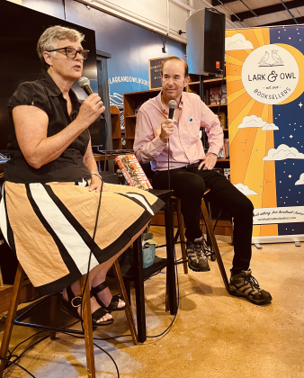 Moderator Sarah Eckhardt and author John A. Jenkins speak during a Lark & Owl event.  Photo by Linda Dwyer
