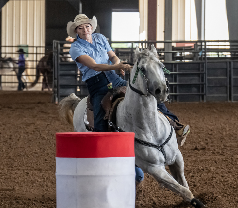 Shana Bohac of Inez, Texas competes in Barrel Racing  during the Texas Senior Pro Rodeo Association’s Rodeo held Sunday, August 16, 2026  at the Williamson County Expo Center.