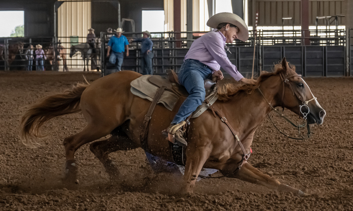 Christine Filer of West, Texas competes in Barrel Racing   during the Texas Senior Pro Rodeo Association’s Rodeo held Sunday, August 16, 2026  at the Williamson County Expo Center.