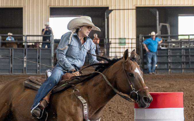 Liz McManus of Holland, Texas competes in Barrel Racing during the Texas Senior Pro Rodeo Association’s Rodeo held Sunday, August 16, 2026  at the Williamson County Expo Center.