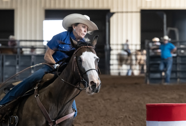Karen Wagner competes in Barrel Racing  during the Texas Senior Pro Rodeo Association’s Rodeo held Sunday, August 16, 2026  at the Williamson County Expo Center.