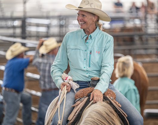 Donelle Jones, 60, of Bryan, Texas, who competed in Ladies Breakaway Roping and Barrel Racing  was astride her horse called Baba  during the Texas Senior Pro Rodeo Association’s Rodeo held Saturday, August 15, 2026 at the Williamson County Expo Center.