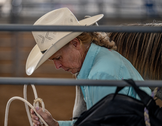 Donelle Jones, 60, of Bryan, Texas, who competed in Ladies Breakaway Roping and Barrel Racing  was astride her horse called Baba  during the Texas Senior Pro Rodeo Association’s Rodeo held Saturday, August 15, 2026 at the Williamson County Expo Center.