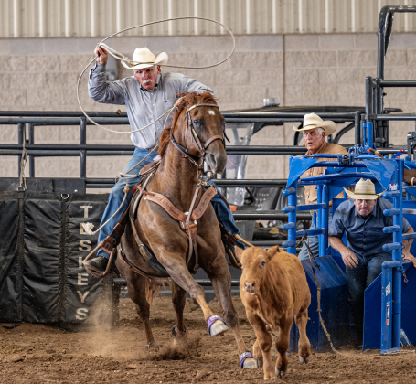 Norman Roberts, 77, of Huntsville, Texas competes in Breakaway Roping astride his horse called Scooter  during the Texas Senior Pro Rodeo Association’s Rodeo held Saturday, August 15, 2026 at the Williamson County Expo Center.