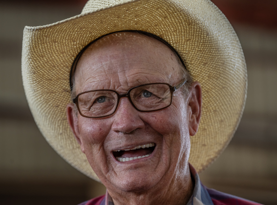 James Lee, 76, from Gatesville, Texas wears a broad smile  during the Texas Senior Pro Rodeo Association’s Rodeo held Saturday, August 15, 2026 at the Williamson County Expo Center.