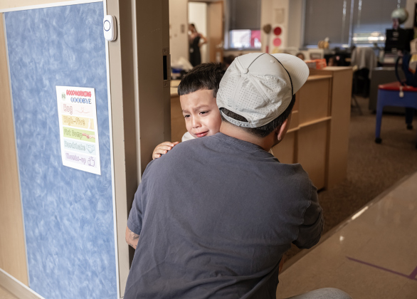 4-year-old Jayden Villafranco gets encouragement and support from his father Emilio Villafranco before going into his Pre-K classroom on Wednesday, August 19, 2026,  the first day of classes at George Washington Carver Elementary School.