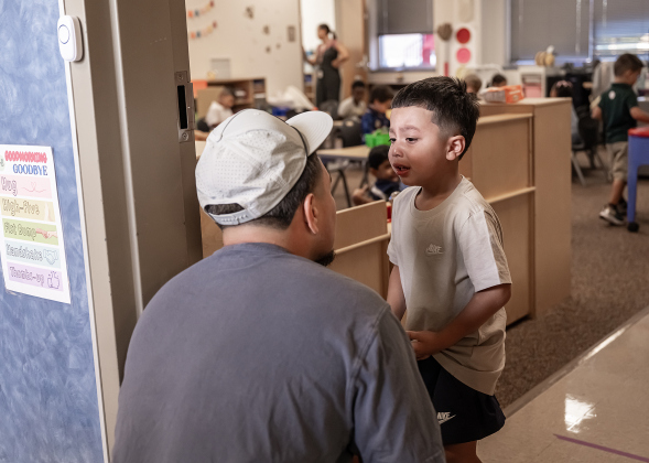 4-year-old Jayden Villafranco gets encouragement from his father Emilio Villafranco before going into his Pre-K classroom on Wednesday, August 19, 2026,  the first day of classes at George Washington Carver Elementary School.