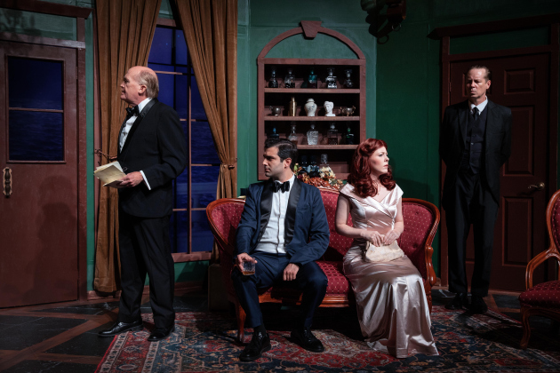 From left, Jeffrey Bush as Justice Wargrave, Gerry Stamatelatos as Phillip Lombard, Carrie Cardillo as Vera Claythorne, and Erik Powers as Rogers in “And Then There Were None.” Photos by Lindsey Brisbine/The Palace Theatre