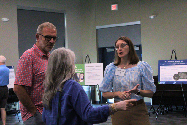 Ed and Silvia Stade, left, speak with Kathy Fitzgold, who is part of the Jail and Justice Center Complex project team, during a community engagement meeting Saturday, August 22, at the Williamson County EMS North Campus. Photo by Nalani Nuylan.