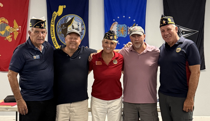 Newly installed officers of Post 174 after their installation on August 13th 2026. From left to right: District 10 Commander Tim Moore, Post Judge Advocate Michael Tischer, Post Member Sara Vasso (née Tischer), Post Historian Andy Tischer, Post Commander Amery Vasso.  Courtesy Abe Harrison Post