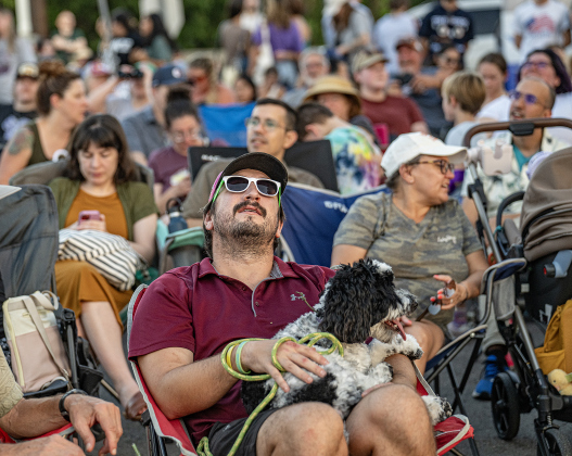 Gabe Wheeler, with his Aussie Doodle named Smoky, watches Purple Martins gather in the sky over Greenlawn Crossing Shopping Complex on Friday, July 31, 2026.