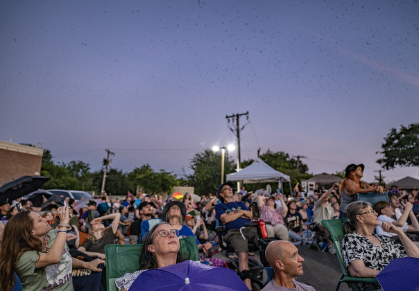 Michelle Valero, with purple umbrella, watches with others as  Purple Martins gather in the sky over Greenlawn Crossing Shopping Complex on Friday, July 31, 2026.