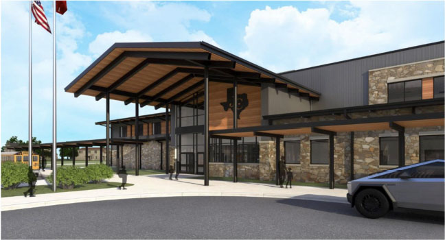 A rendering of Jarrell ISD’s next campus, Atlas Ranch Elementary School, expected to open in 2028. The school is designed by the Huckabee architectural firm.
