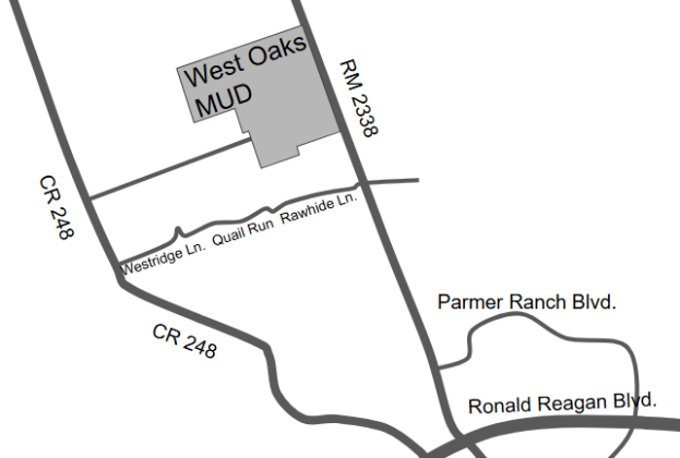 The proposed West Oaks MUD is off Ranch to Market Road 2338 and east of County Road 248.