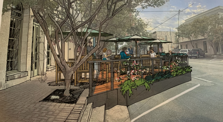 This rendering shows what a street patio could look like for a restaurant. All of the materials would have to be movable. (Rendering courtesy City of Georgetown) 