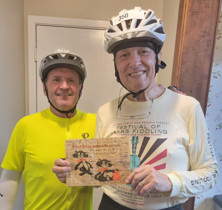 Louis Rumsey, left, and Les Sherman, who have been friends for 71 years, hold the birthday card they’ve been passing back and forth since 1968. Les lives in Georgetown and Louis lives in the Dallas area. (Photo courtesy of Les Sherman)