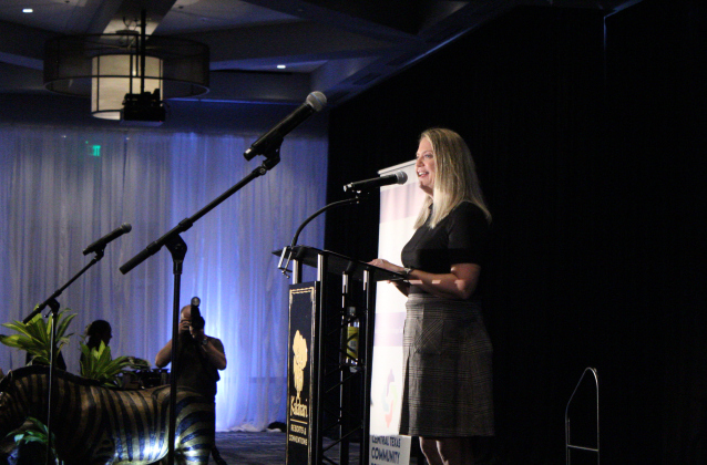 Amy Merida, executive director of the Central Texas Community Foundation, gives a speech during the luncheon at Kalahari Resorts &amp; Conventions in Round Rock. Photo by Nalani Nuylan.