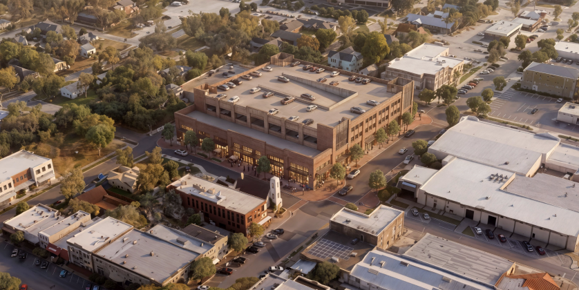 A rendering shows the city’s planned second downtown parking garage, built as a partnership between the Texas Municipal League and Georgetown, which will replace the Red Poppy Lot at Ninth and Main Streets.