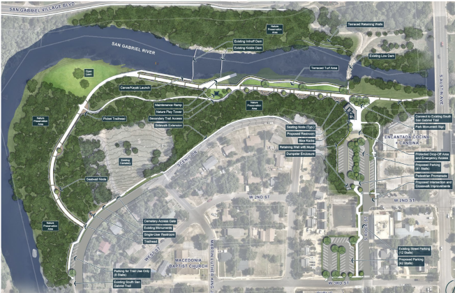 The 30% Blue Hole Park design update from city staff shows changes from the master plan design in the parking lot and the green spaces near the river. (Map courtesy City of Georgetown) 