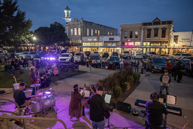  “Last of the Petty Cash” performs during the First Friday free concert held on the Williamson County Courthouse lawn on Friday, October 16, 2026. Rain moved the October concert to this Friday. One more First Friday concert will be held in November. Photo by Andy Sharp