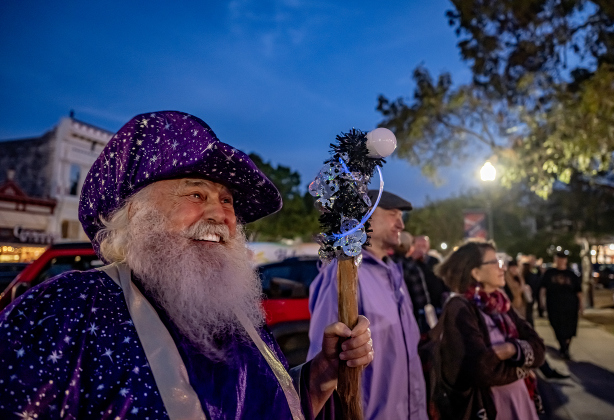 Phil Gingras, President of the Georgetown Beard Club, was festively-attired for a performance by “Last of the Petty Cash” during the First Friday free concert held on the Williamson County Courthouse lawn on Friday, October 16, 2026. Rain moved the October concert to this Friday. One more First Friday concert will be held in November. Photo by Andy Sharp.