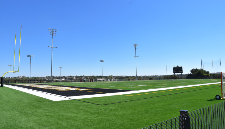 Southwestern’s new Multi-Purpose Sports Complex has a turf field with the bleachers and press box on the west side of the stadium. (Photo by Kaitlyn Wilkes)