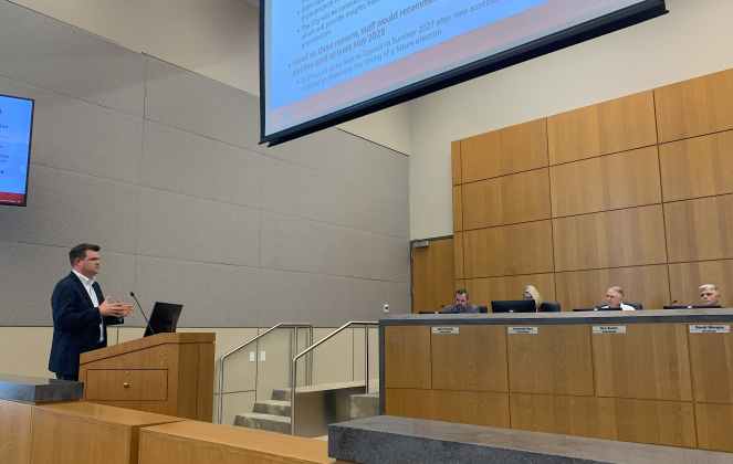 Assistant City Manager Nick Woolery speaks to Georgetown City Council about changes that will have to be made to the city’s capital project timeline. (Photo by Kaitlyn Wilkes)