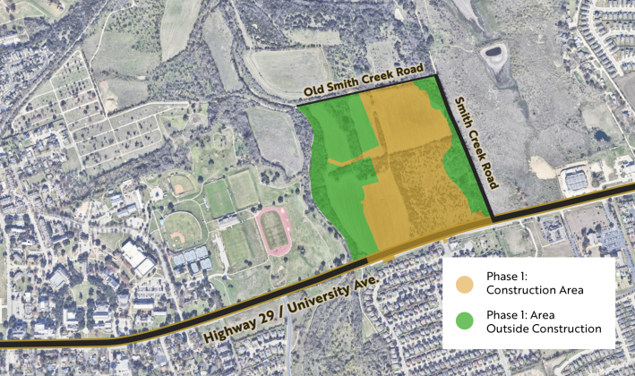 A map shows the scope of the first phase of work in Southwestern’s 560 mixed-use plan, which will be built southwest of the Old Smith Creek Road and Smith Creek Road intersection and along University Avenue. (Courtesy Southwestern University)