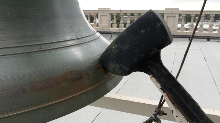 The bell atop the Williamson County Courthouse is struck by a hammer at approximately 15-minute intervals.