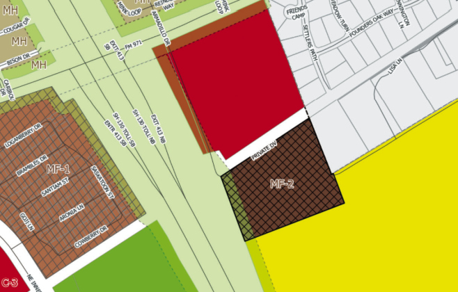 About 17-acres of land, shown here in brown, was rezoned from high-density multi-family to single-family, making it consistent with the single-family section south of it. The land is part of a 157-acre tract being developed by Lennar Homes.