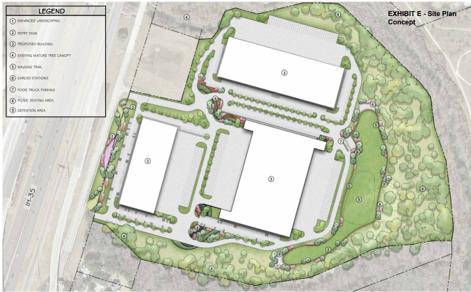 A site plan for a three building business development pursued by Fidelis, a 19-year-old company headquartered in Houston that is involved in building retail, office, multi-family and industrial facilities. Once built, the project will provide about 530,000 square feet of flex office and assembly manufacturing space at its 2990 North Interstate 35 location.