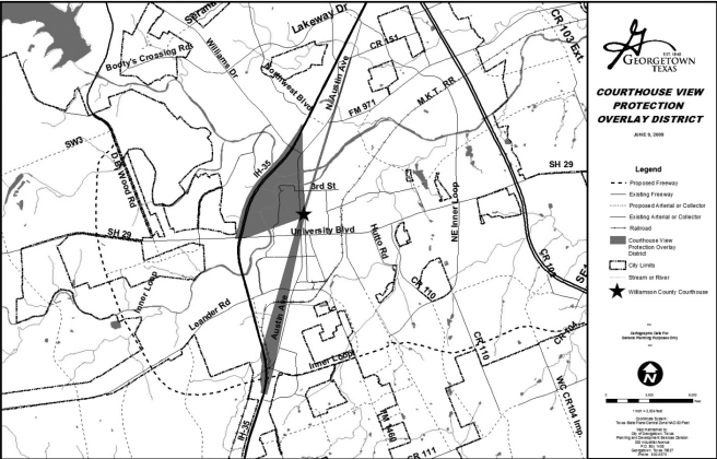 Georgetown’s View Protection Overlay District is outlined in grey south and west of downtown.