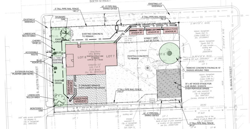 A site plan for an incoming outdoor food vendor location being developed at 601 South Austin Avenue. Georgetown City Council approved a special use permit for the project during a November 22 council meeting.