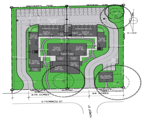 A site plan for a condominium development proposed for 402 and 406 West Morrow Street. The development would bring in 14-18 townhomes, as well as a coffee shop.
