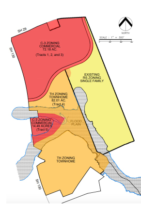 Council members unanimously approved a request to rezone 169-acres of land to make way for the planned East View Terrace townhome and commercial development. The property is located at the southeast corner of State highways 130 and 29.