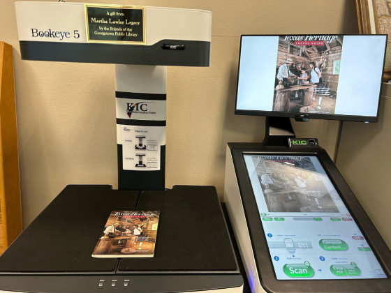 The Texas History Room at the library now offers access to a Bookeye large format overhead scanner, donated by the Friends of the Georgetown Public Library.