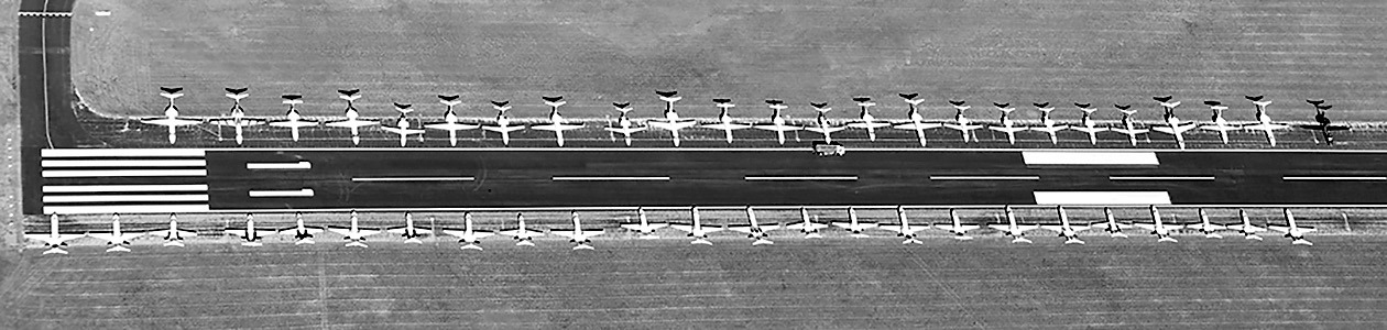 Forty-eight Citation jets sit wingtip to wingtip on Georgetown airport’s east-west runway Thursday afternoon, as their owners meet in Austin at this year’s convention of the Citation Jet Pilots association. Other jets parked elsewhere on the airport brought the total to around 100 airplanes. CLARK THURMOND
