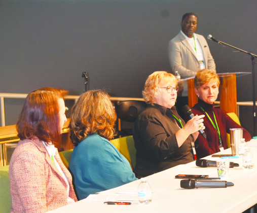 Workforce Housing Summit panel members, from left, Kelly Moreno, Workforce Solutions; Georgianne Hewitt, The Wesleyan; Debbie Hoffman, Habitat for Humanity Williamson County; and Rita Healey speak at the Sheraton Austin Georgetown Hotel. KATHERINE ANTHONY