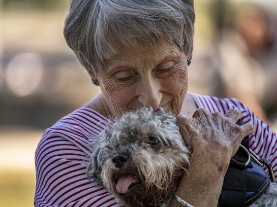 Kathy Sellers hugs Schatze, her 14-year-old Miniature Schnauzer, during a Blessing of the Animals service held by Grace Episcopal Church at San Gabriel Park on Sunday. Sellers thinks this may be the last time Schatze will be attending this service.