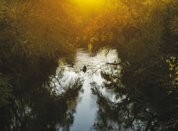 Cody Seigmund, navigating a well-equipped kayak, enjoyed an early evening of bass fishing along the scenic San Gabriel River on Tuesday, November 29. (Photo by Andy Sharp)