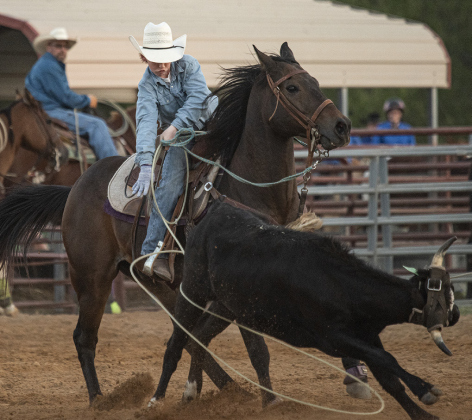 Mason Simpson, 10, competes in Team Roping. Aaren Horak polebends.