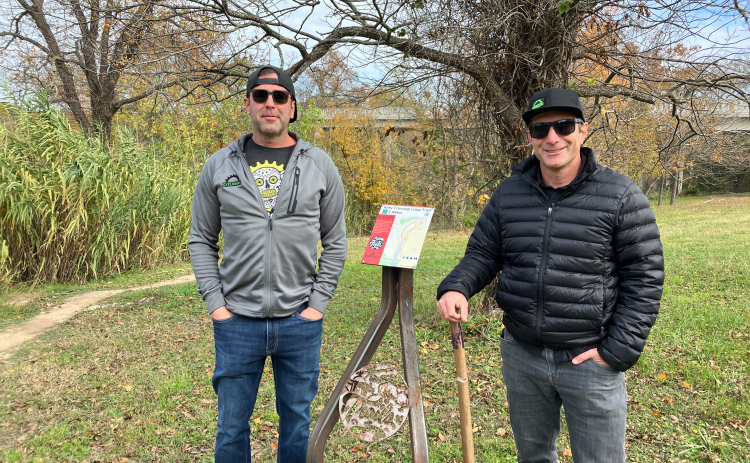 Georgetown Trail Foundation Treasurer Cove McCormick, left, and Vice President Aaron Zander stand at the beginning of the Katy Crossing Trail, which was recently cleared along the San Gabriel River.